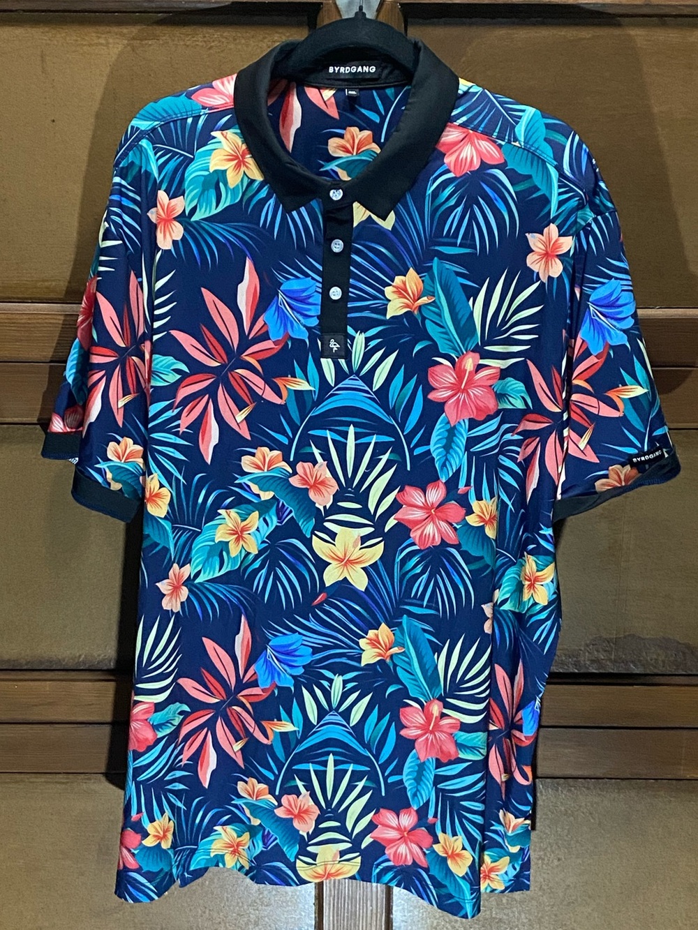 Byrd Gang Kaanapali Navy Tropical Print Polo with Black Collar Sz 2XL